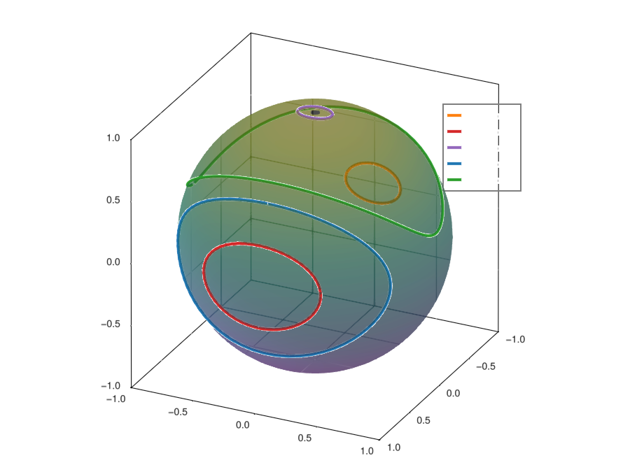 A sample of rigid body trajectories. This system has two conserved quantities.